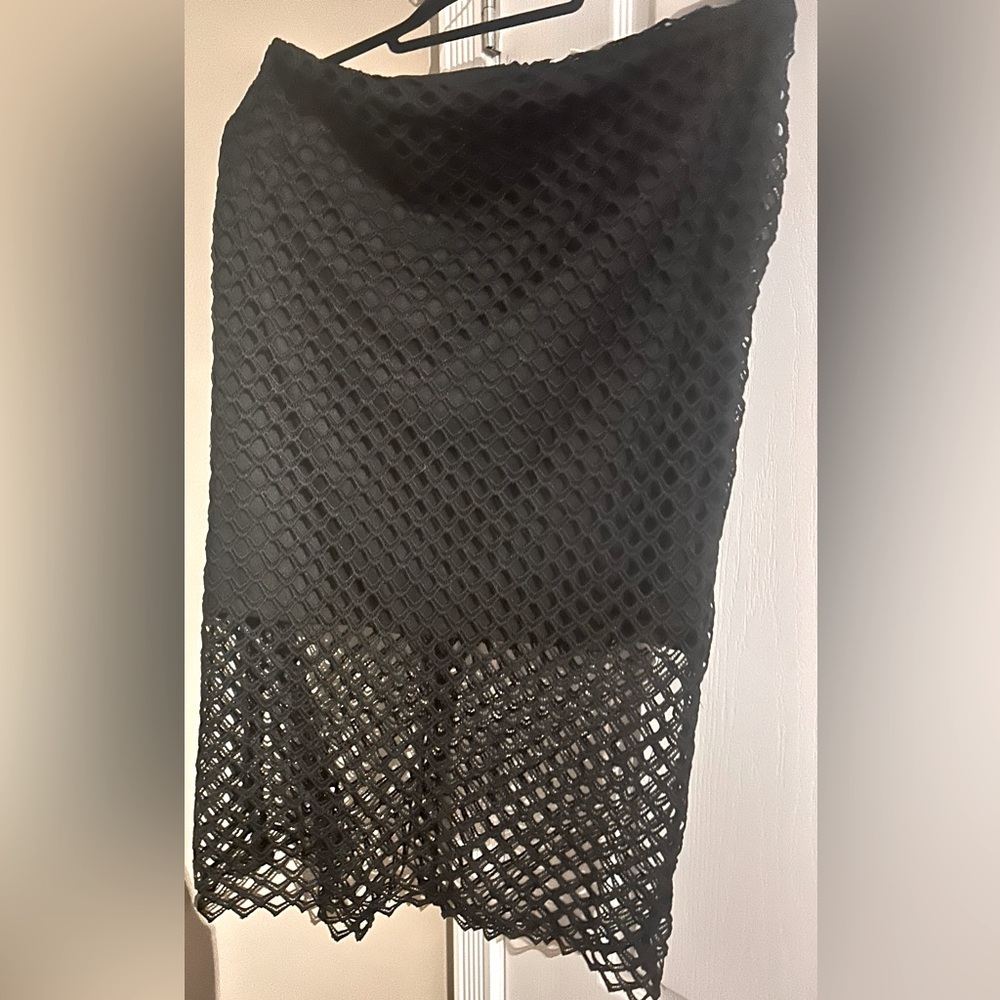 Elegant Black Midi Crochet Thick Mesh Layer Zip up Skirt Cover Medium Polyester